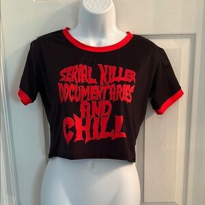 Black and Red Short Sleeve Cropped Tee with Bold Text Design